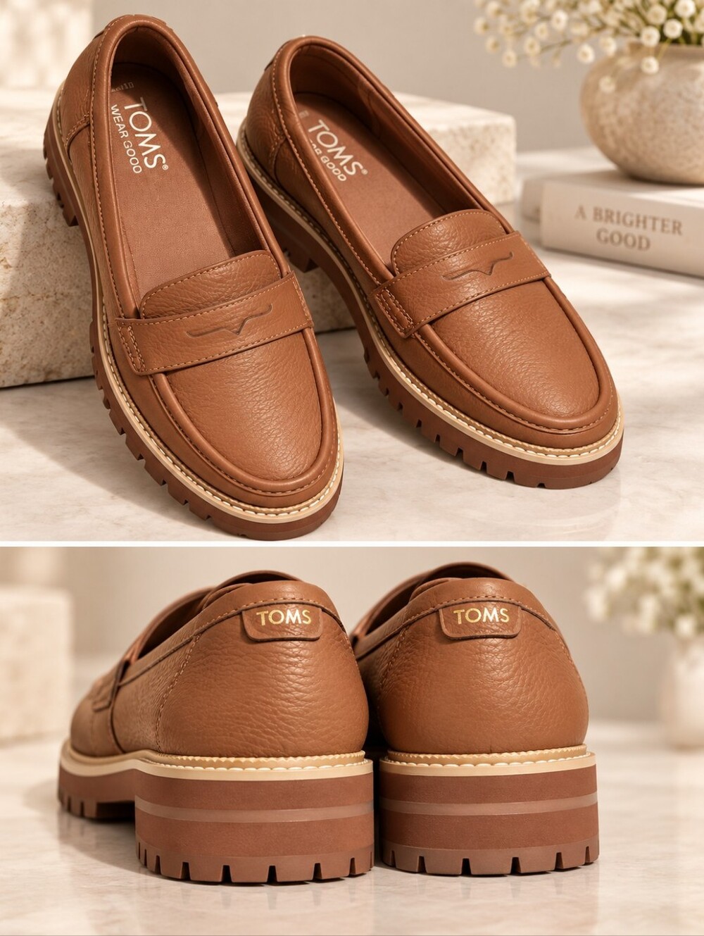 TOMS Cara Tan Leather Penny Loafers Women’s Size 10